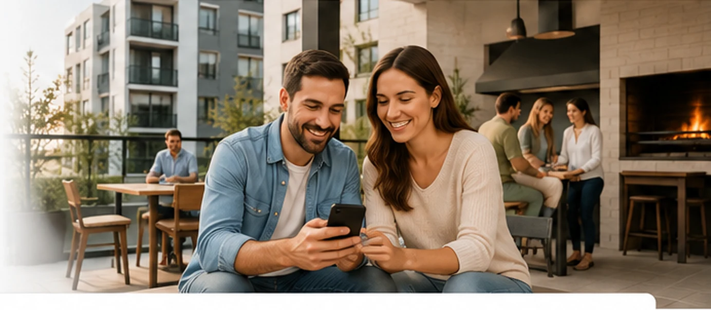 Personas usando el celular en un espacio común de un edificio